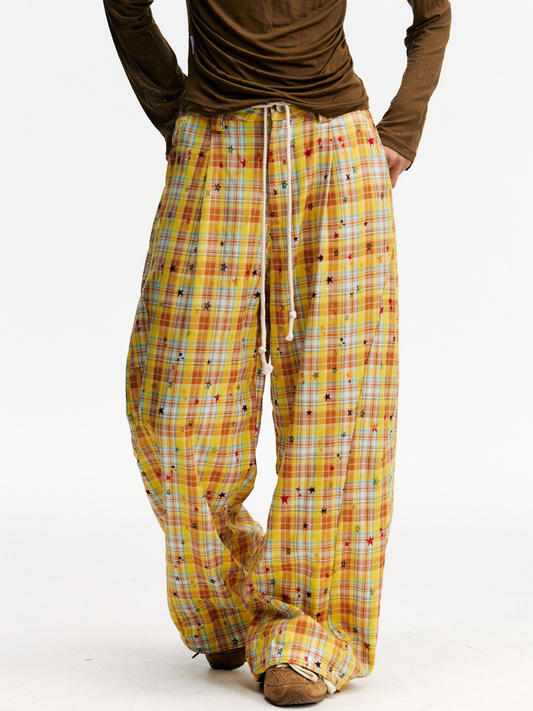 Ashlight - Women's Star Plaid Print Lightweight Drawstring Pants