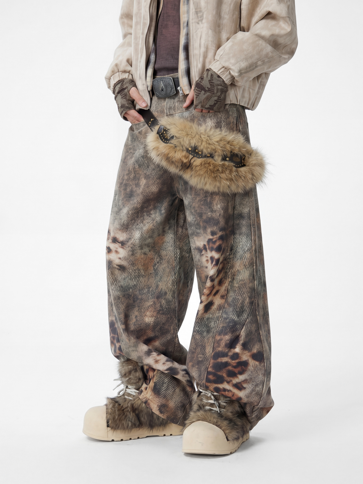 BeltSkip – Unisex 3D-gedruckte Distressed-Hose im Leopard-Design mit geschwungenem Beinverlauf