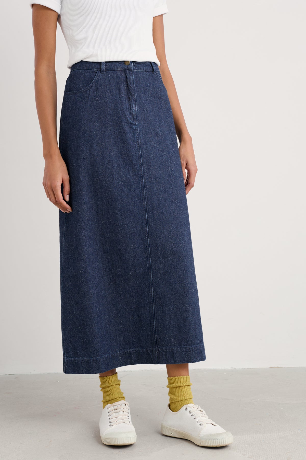 Midirock aus Denim mit Obst-Print